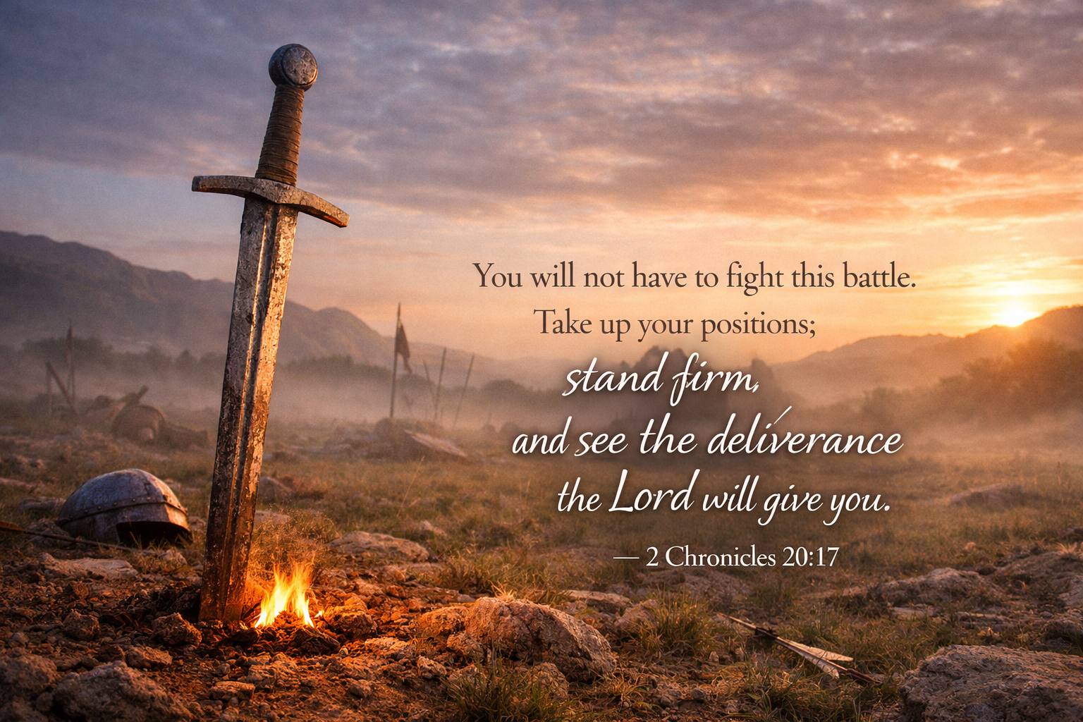 Sword planted in ground campfire embers glowing dramatic sunset sky italic text right side stand firm see deliverance -- 2 Chronicles 20:17 sword battlefield wallpaper